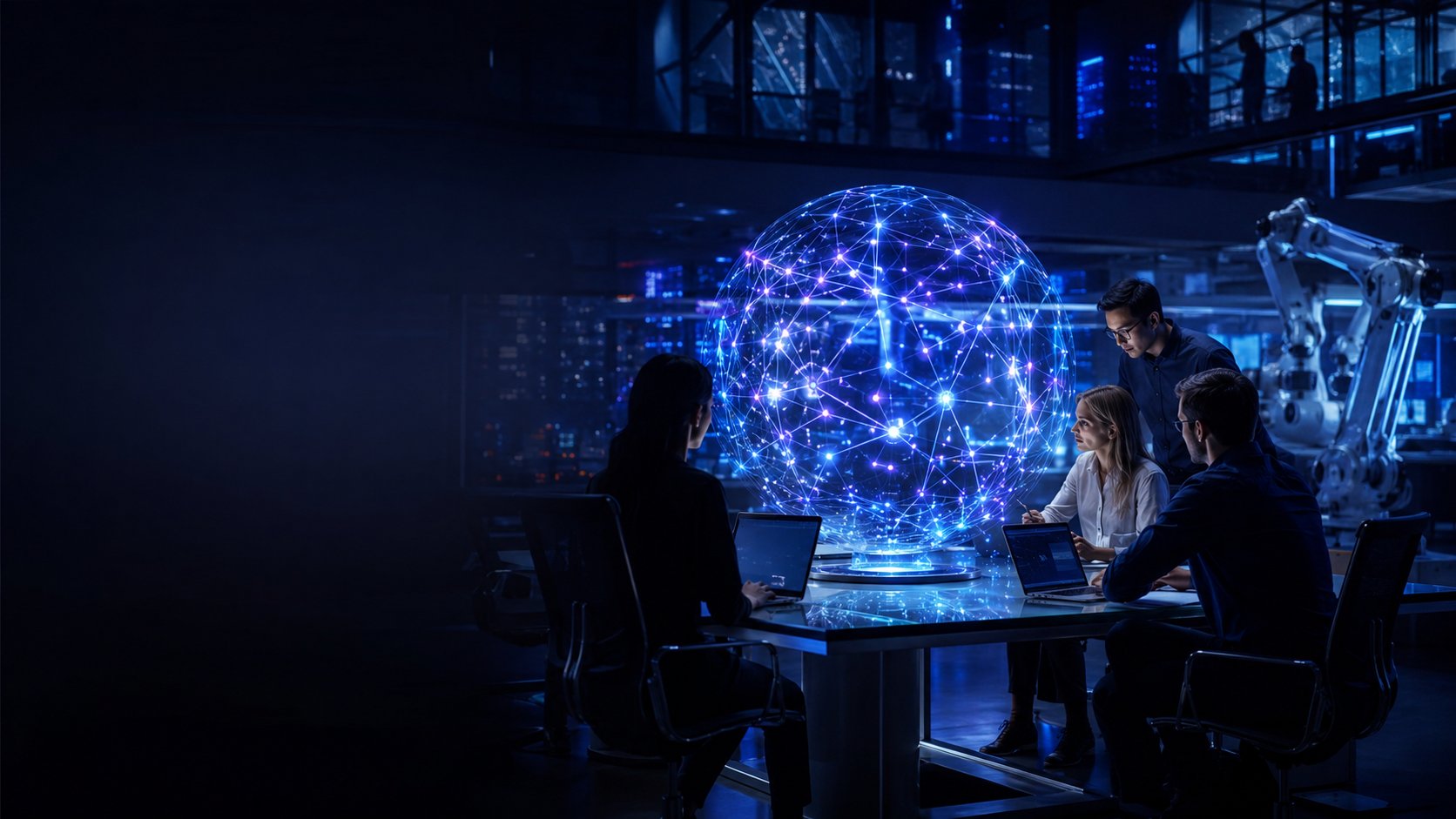 Équipe travaillant autour d'une représentation lumineuse d'un réseau d'intelligence artificielle