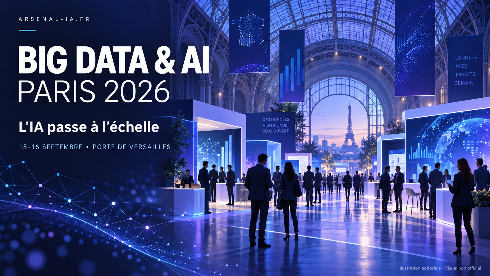 Illustration éditoriale non officielle du salon Big Data et AI Paris 2026, dans un univers bleu et violet consacré aux données et à l’intelligence artificielle