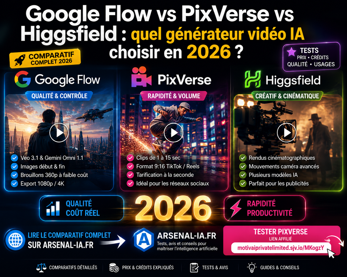 Comparatif Google Flow vs PixVerse vs Higgsfield en 2026 : qualite, rapidite et rendu premium des 3 generateurs video IA