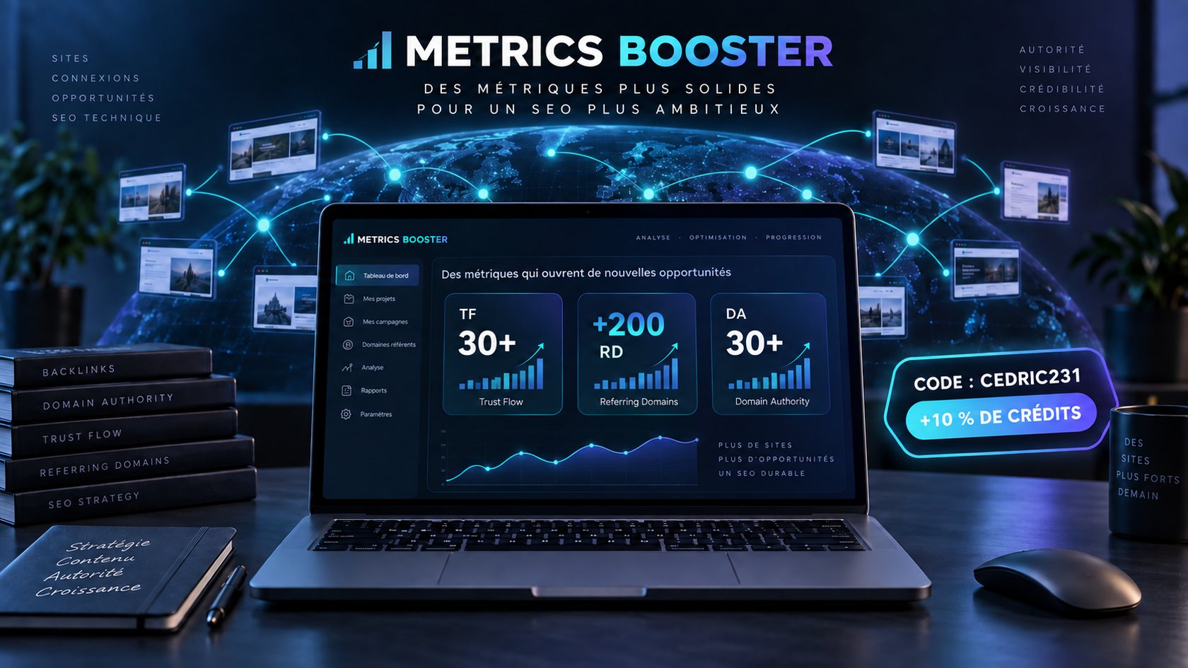 Interface Metrics Booster présentant les métriques TF 30+, 200 domaines référents et DA 30+, avec le code CEDRIC231