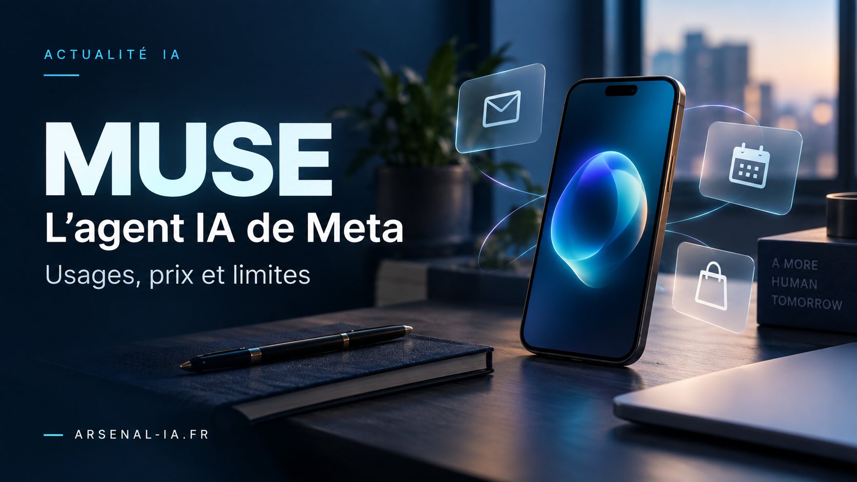 Illustration de Muse, l’agent IA de Meta, avec un smartphone et des symboles d’e-mail, de calendrier et d’achat
