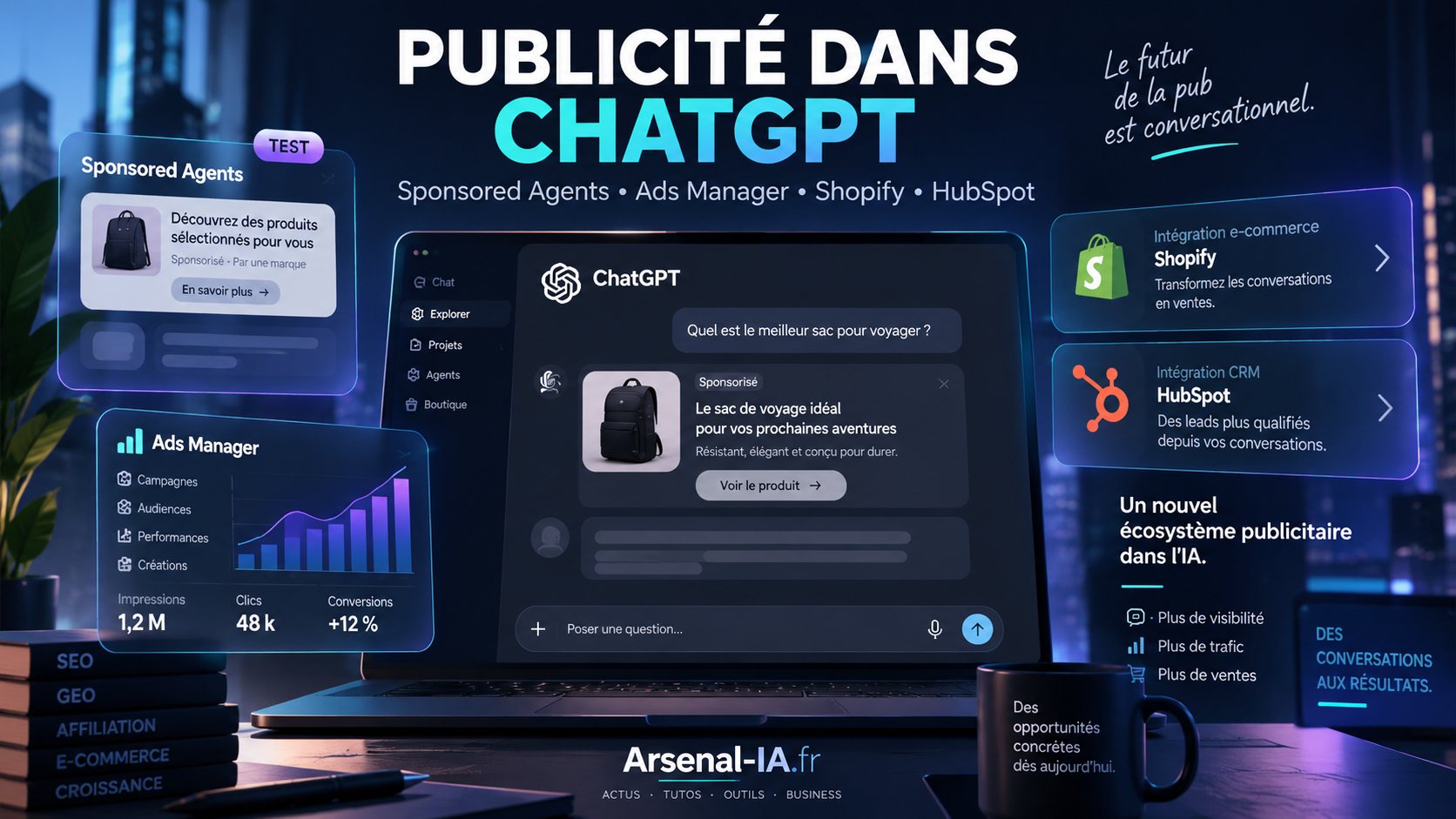 Publicité dans ChatGPT — OpenAI Ads Manager, Sponsored Agents, Shopify, HubSpot