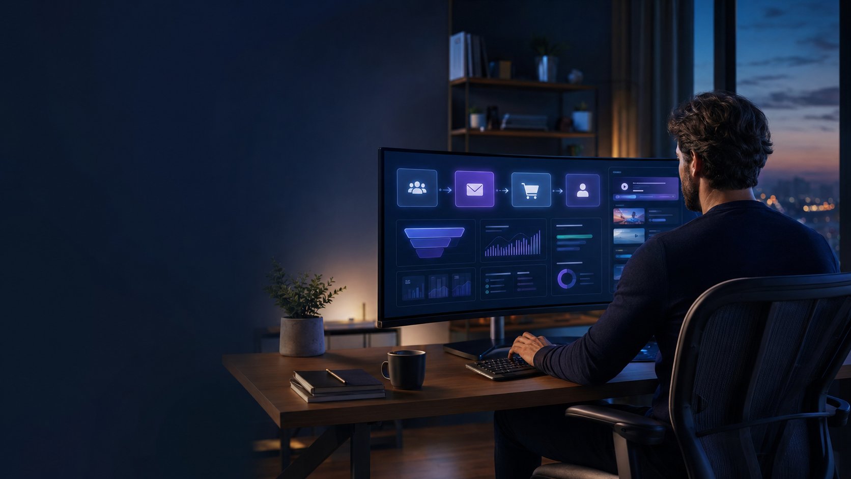 Entrepreneur pilotant un tunnel de vente, des emails et des statistiques depuis un tableau de bord