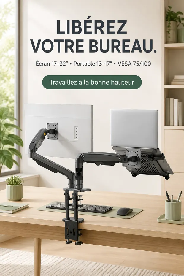 Support double bras pour écran et ordinateur portable