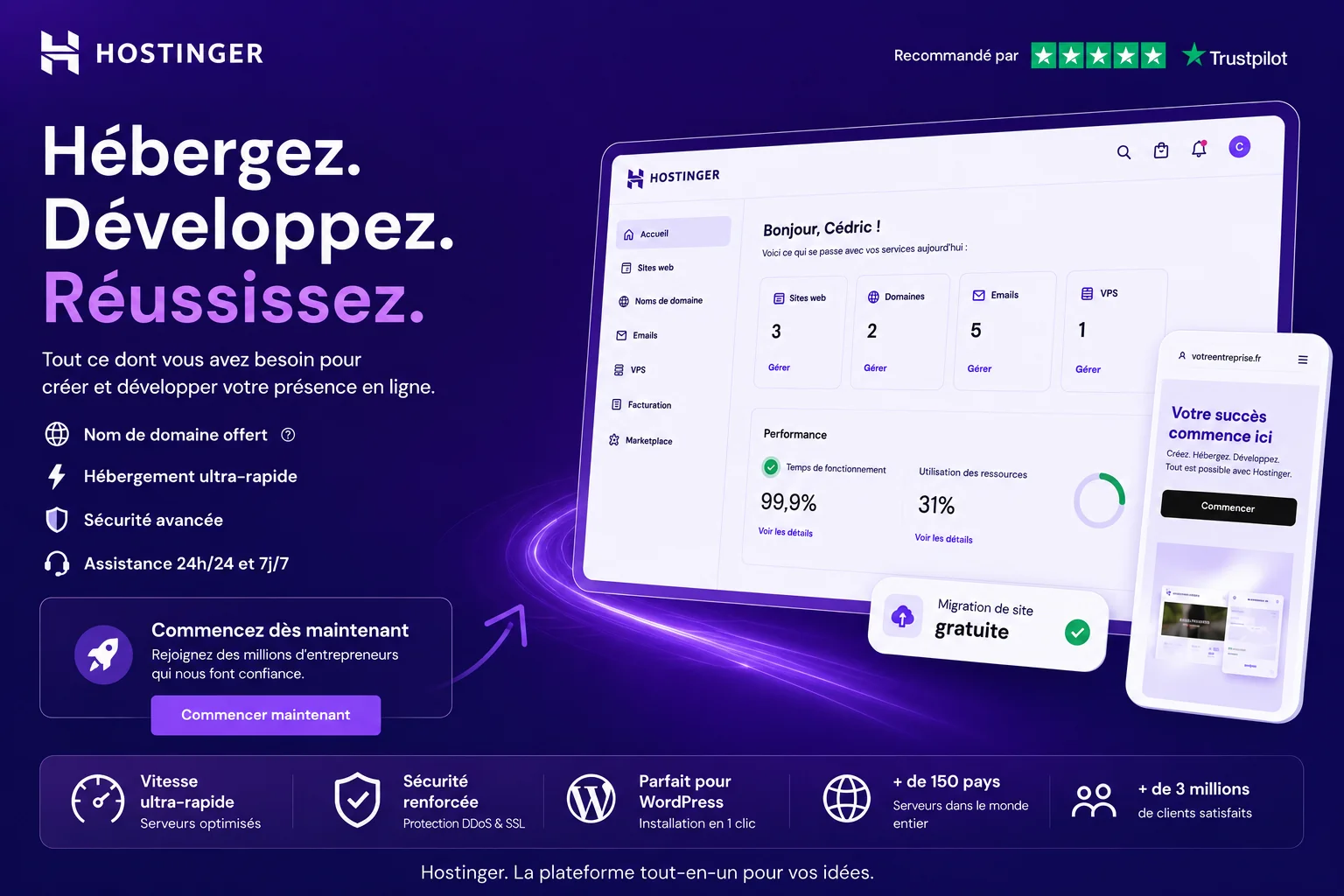 Interface Hostinger : tableau de bord de gestion des sites, domaines, emails et VPS