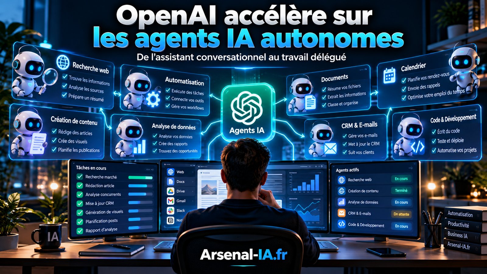 Illustration des agents IA autonomes d'OpenAI reliés à des outils de travail